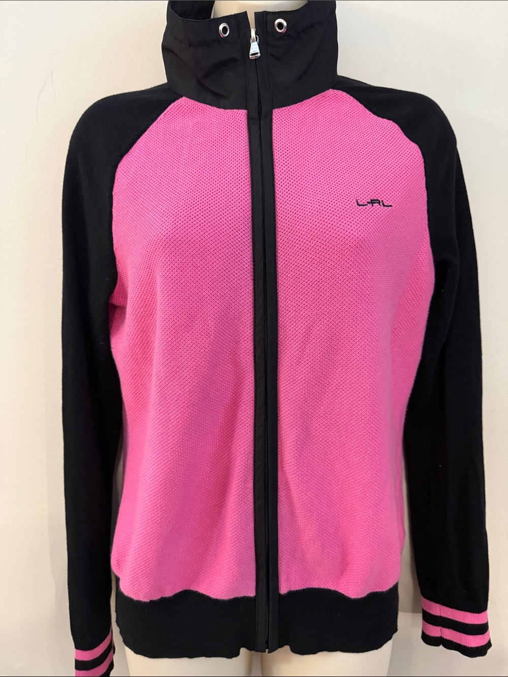 Lauren Ralph Lauren Pink and Black Zip-Up Athletic Sweatshirt Size Medium